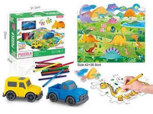 Двосторонній пазл 7077-103 (48/2) “Динозаври”, 56 елементів, фломастери 12 кольорів, розфарбовка, машинка, пазл 42х37