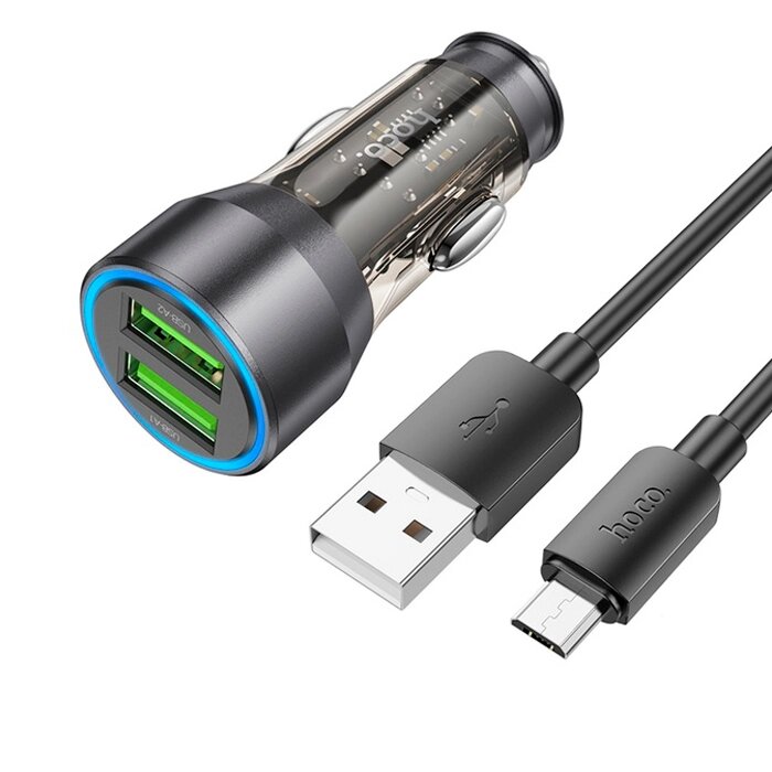 Набір АЗП 12-24V HOCO NZ12 + кабель Micro, 2xUSB, 36W, кабель 1м, Black, Box від компанії Price Killer - фото 1