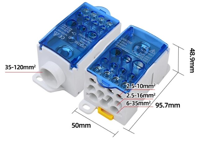 Паралельний розгалужувач-спліттер проводів UKK250, 11 виходів (латунь) 2х35мм²+5х16мм²+4х10мм², вхід 1х120мм², AC/DC від компанії Price Killer - фото 1