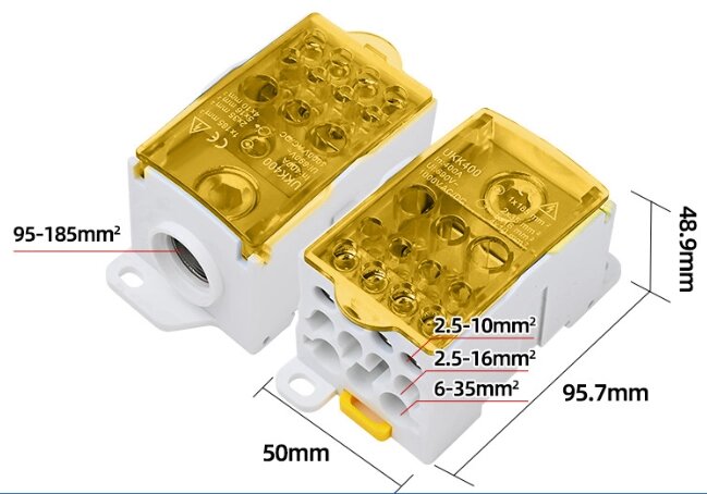 Паралельний розгалужувач-спліттер проводів UKK400, 11 виходів (латунь) 2х35мм²+5х16мм²+4х10мм², вхід 1х185мм², AC/DC від компанії Price Killer - фото 1