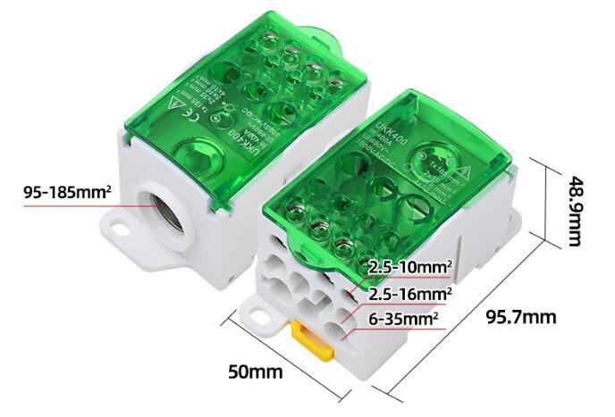 Паралельний розгалужувач-спліттер проводів UKK400, 11 виходів (латунь) 2х35мм²+5х16мм²+4х10мм², вхід 1х185мм², AC/DC від компанії Price Killer - фото 1