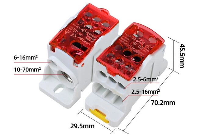Паралельний розгалужувач-спліттер UKK160, 6 виходів (латунь) 6х16мм², вхід 1х70мм² + 1х16мм², AC/DC 1000V, 160А, від компанії Price Killer - фото 1