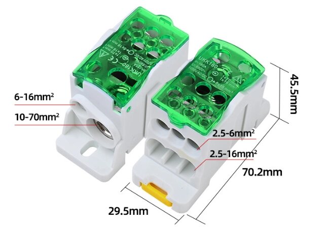 Паралельний розгалужувач-спліттер UKK160, 6 виходів (латунь) 6х16мм², вхід 1х70мм² + 1х16мм², AC/DC 1000V, 160А, від компанії Price Killer - фото 1