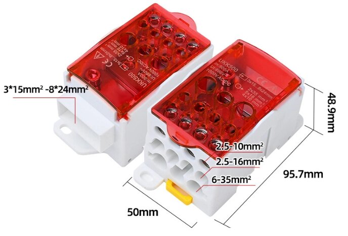 Паралельний розгалужувач-спліттер UKK500, 11 виходів (латунь) 2х35мм²+5х16мм²+4х10мм², вхід 3х15...8х24мм², AC/DC від компанії Price Killer - фото 1