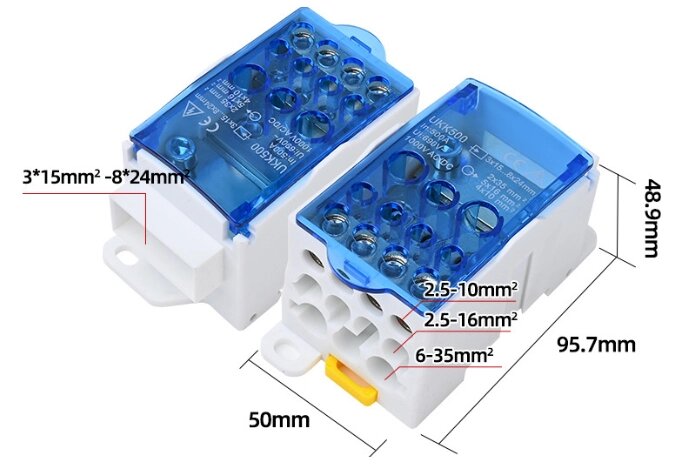 Паралельний розгалужувач-спліттер UKK500, 11 виходів (латунь) 2х35мм²+5х16мм²+4х10мм², вхід 3х15...8х24мм², AC/DC від компанії Price Killer - фото 1
