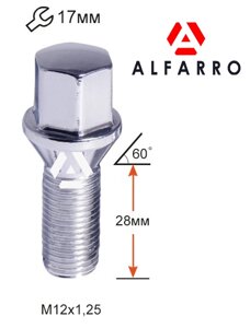 Колісні болти M12x1,25 – 28 мм.; Конус Хром, ключ 17 (Alfarro bk314) (ВАЗ, ГАЗ, Citroen, Fiat, Lancia – литі диски) –