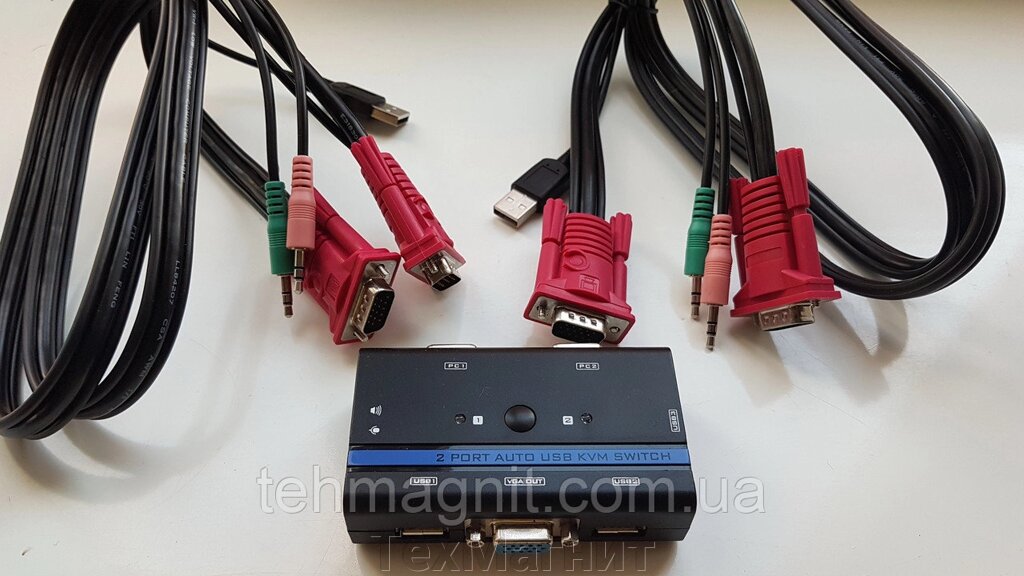 Коммутатор 2-портовый KVM свич, 2 кабеля USB-KVM - автоматический переключатель с поддержкой аудиосистемой ##от компании## ТехМагнит - ##фото## 1