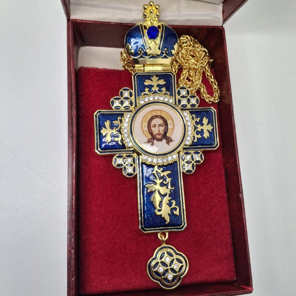 Нагородний хрест для священика під позолоту з камінням 19*8 см (синій) від компанії Крамниця "Покрова" - церковне начиння - фото 1