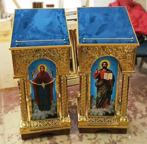 Бічні аналої з карбуванням на булаті з іконою пвх 50х50см (синя тканина)