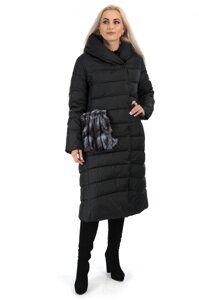 Пуховик жіночий зимовий чорний кишеня з натуральним хутром XL