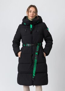 Пуховик зимовий жіночий довгий чорний із поясом і відстібним капюшоном Yimos,s L S L