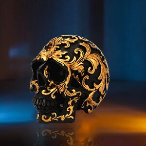 Декоративний чорний череп RESTEQ. Череп з золотими візерунками, статуя прикраса для будинку, бар, на Хеллоуїн.