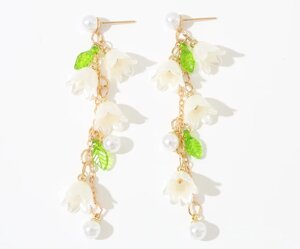 Сережки з підвіскою у формі квітів та перлин Primo Lily – Gold