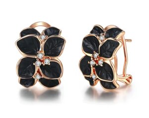 Сережки Primo Glory у формі квітів з чорними пелюстками та кристалами – Gold&Black