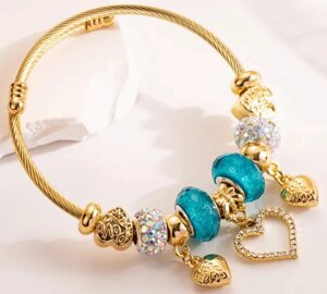 Браслет Twisted Rope з підвісками у формі сердець та шармами - Blue&Gold