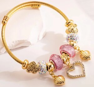 Браслет Twisted Rope з підвісками у формі сердець та шармами - Pink&Gold