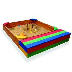 Класична кольорова дерев'яна пісочниця для дитячого майданчика 145 х 145 см із відсіком для іграшок