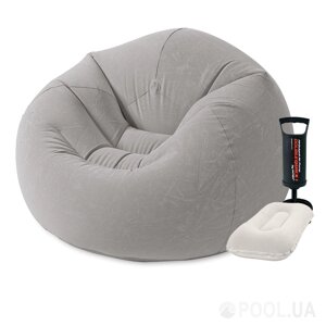 Надувне крісло intex флоковане покриття, розмір 107x104x69 см, з ручним насосом і подушкою
