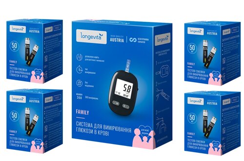 Глюкометр Longevita Family для вимірювання глюкози в крові + Тестові смужки 200 шт (4*50шт/уп.)