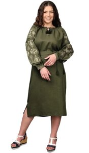 Сукня жіноча Вишиванка з поясом натуральний льон хакі зелене р. 42 44 46 48 50 52 54 56
