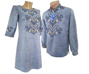Жіноче плаття вишиванка льон для Пари синє Family Look р. 42 - 58