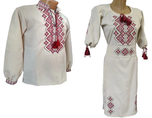 Жіноче плаття вишиванка натурального льону для пари червоний орнамент Family Look р. 42 - 58