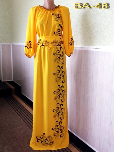 Довге жовте шифонове вишите жіноче плаття вишиванка з орнаментом сукня вишиванка