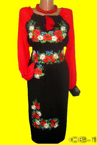 Святкове вишите жіноче плаття вишиванка з шифоновими червоними рукавами сукня вишиванка