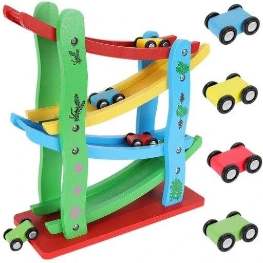 Car Track Slide 4 Cars Wooden For дітям автотрек дерев'яна гірка набір 4 машинки для дітей Kruzzel 22457. від компанії MyHome - фото 1