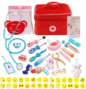 Дерев'яний набір лікар маленький доктор для дітей: аптечка валізка + наліпки малого лікаря-стоматолога