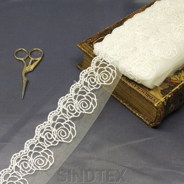 (1 метр) Кружево на сетке (фатине) Sindtex 7см Цвет - Айвори (77М-LZ129-1) ##от компании## SINDTEX - ##фото## 1