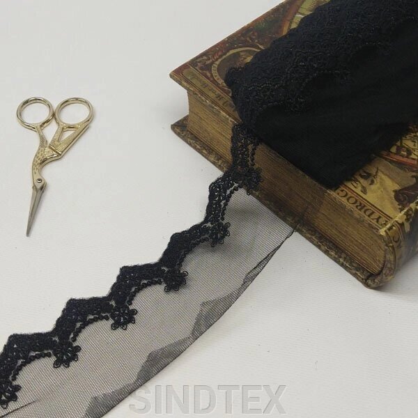 (1 метр) Кружево на сетке (фатине) Sindtex 7см Цвет - Черный (77М-LZ67-2) ##от компании## SINDTEX - ##фото## 1