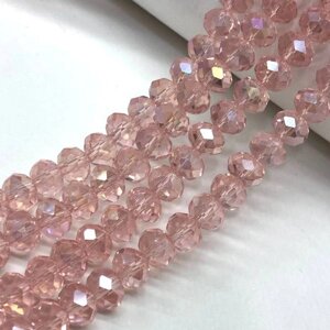 Намистини кришталеві рондель 8х6мм, нитка-65 од, рожевий прозорий з покриттям АВ