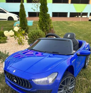 Дитячий електромобіль Maserati Ghibli, м'які EVA-колеса, шкіряний салон, синій, дитячий електромобіль