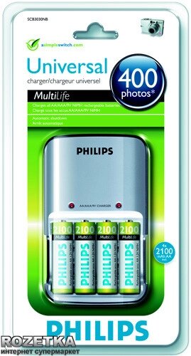 Универсальное зарядное устройство Philips MultiLife SCB3030NB + 4 AA 2100 mAh ##от компании## Интернет-магазин "Леонид" - ##фото## 1