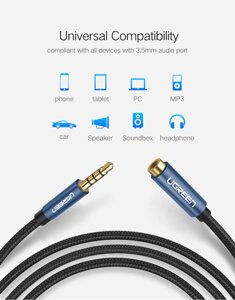 Аудіо кабель AUX 3.5 mm для iPhone, iPad стерео аудіо подовжувач з підтримкою мікрофону Ugreen AV118 (1-3m), 2.0m