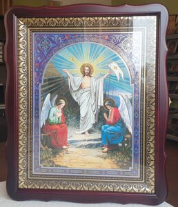 Аналойна ікона Воскресіння Христового у фігурному білому кіоті, розмір 52*42, лік 30*40,26 сюжетів.