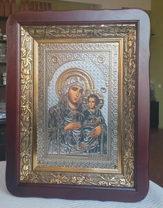Єрусалимська ікона Божа Матір у темному дерев'яному фігурному кіоті під склом, кіот 32*42, сюжет 20*30