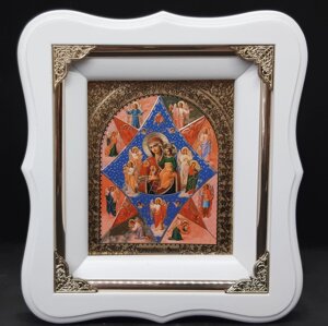 Ікона Неопалима Купина в білому фігурному кіоті з декоративними куточками, розмір кіота 19*17, лік10*12