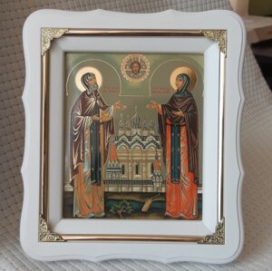 Ікона Петро і Февронія у білому фігурному кіоті з декоративними куточками, розмір кіота 24*21, лік 15*18
