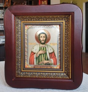 Ікона Святого Олександра Невського у фігурному кіоті темного кольору під склом, розмір 20*18, розмір ліку 10*12