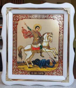 Ікона Святий Георгій Побідоносець білому фігурному кіоті з декоративними куточками , розмір кіота 30*26, обличчя 20*24