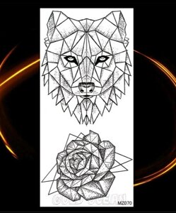 Тату tattoo тимчасове тату наклейка на тіло вовк із трояндою