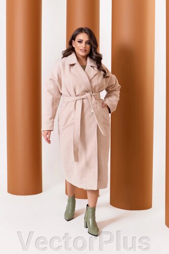 Женское пальто из кашемира на подкладке с поясом бежевого цвета р. 52/54 376105