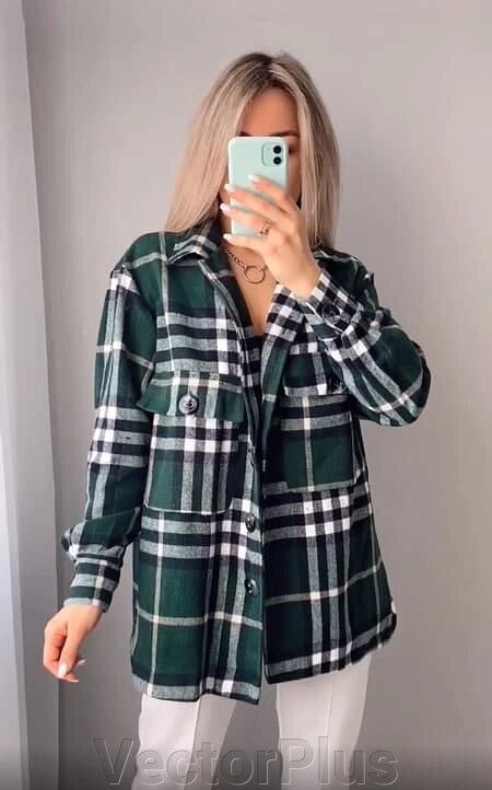 Жіноча сорочка в клітинку oversize зеленого кольоруЖіноча сорочка в клітинку oversize зеленого кольору від компанії VectorPlus - фото 1