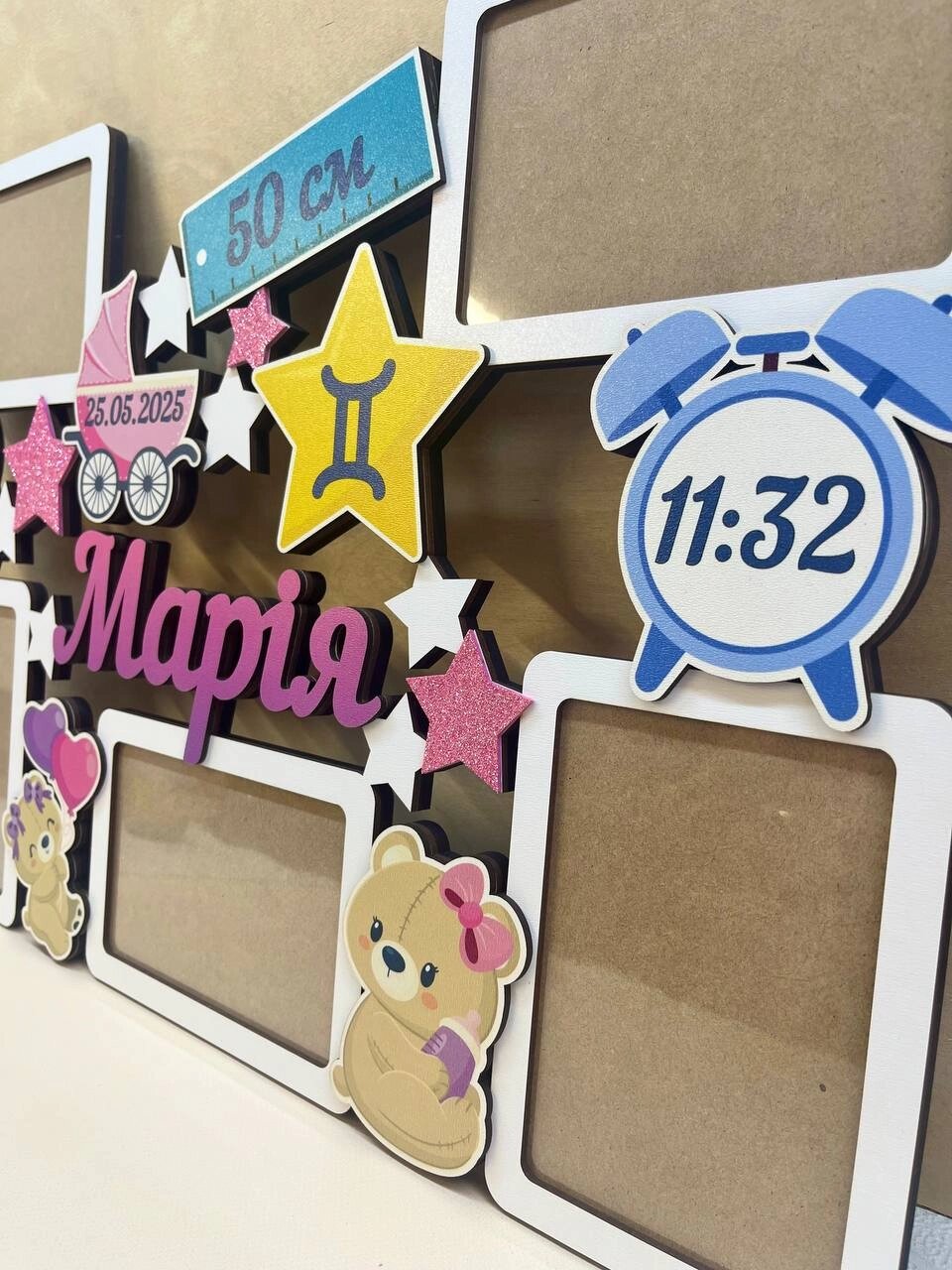 Дерев'яна іменна метрика для новонародженого, іменна фоторамка від компанії Інтернет-магазин "Cherry-Craft" - виробництво сувенірів із дерева - фото 1