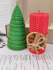 Набір новорічних свічок із вощини, новорічний подарунок ручної роботи