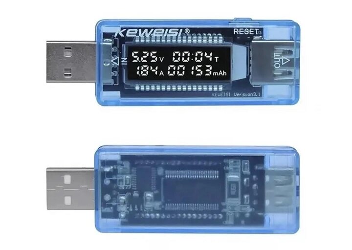 Тестер акумуляторів USB прозорий синій вольтметр від компанії Шіпістік Shipistik - фото 1