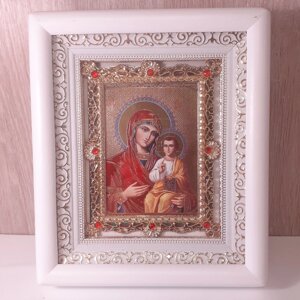Густинська чудотворна ікона Божої матері, лик10х12 см, у білому дерев'яному кіоті з камінням
