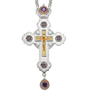Хрест для священика латунний у срібленні з розп'яттям, вставками та ланцюгом арт. 2.10.0096л-2^1л